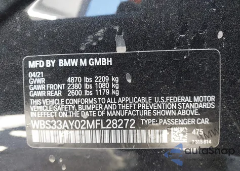 2021 BMW M3 Competition from USA, damaged, VIN WBS33AY02MFL28272
